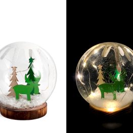 Sfera in vetro natale con led su base legno h 13.