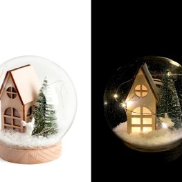 Sfera in vetro natale con led su base legno h 13.