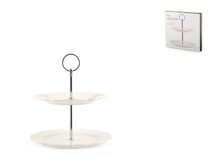 Sendez Alzata A 2 Piani In Porcellana Con Tronco In Legno - Diametri 26,5 E 21,5 Cm - Elegante Per Dolci E Frutta