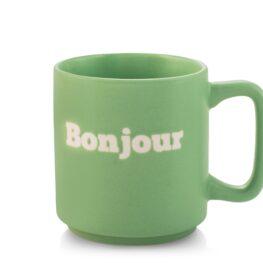 Tazza in Ceramica verde con Scritta "Bonjour" – Capacità 320 cc