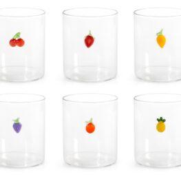 set sei bicchieri in vetro borosilicato trasparente con miniature esterne decori assortiti cl 42