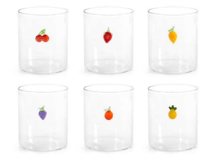 set sei bicchieri in vetro borosilicato trasparente con miniature esterne decori assortiti cl 42