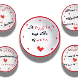 Set quattro piatti fondi per pasta 20 cm con scritte + insalatiera 27 cm con scritta