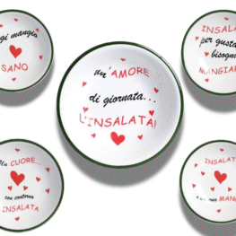 Set quattro piatti fondi per insalata 20 cm con scritte + insalatiera 27 cm con scritta