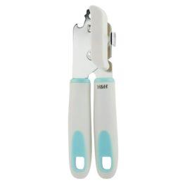 Apriscatole in polipropilene e acciaio inox colore grigio chiaro e azzurro